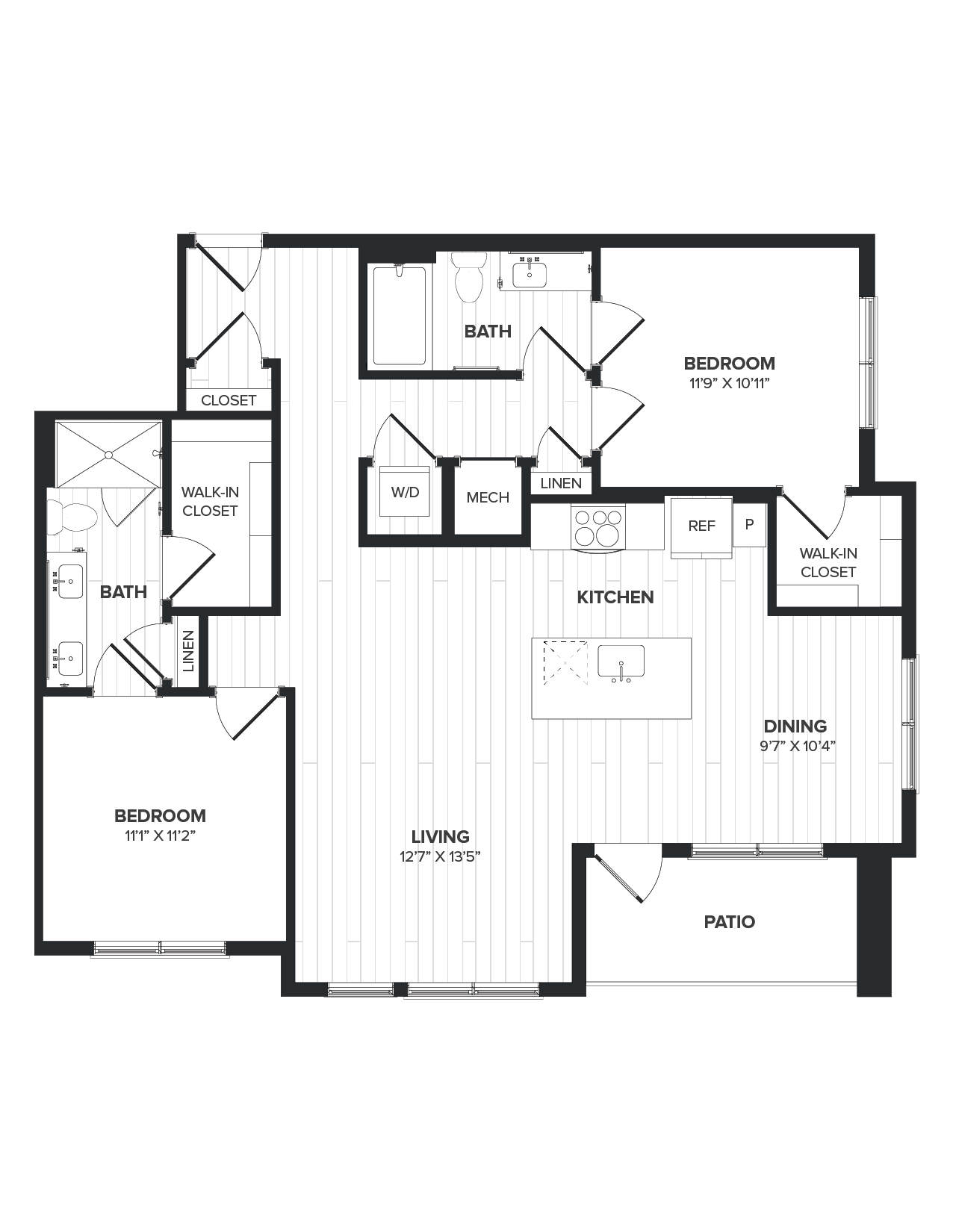 Floor plan for 2 beds, 2 baths, 1183 sqft